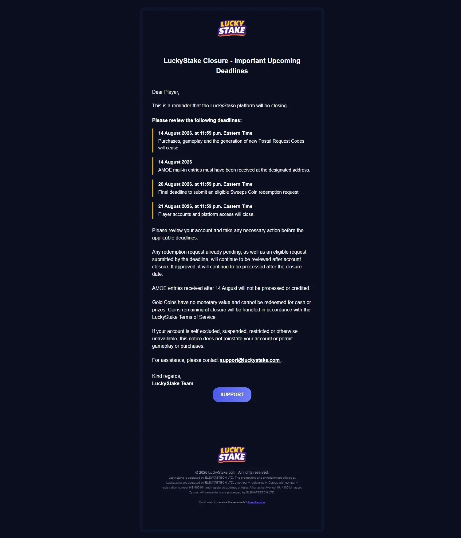 LuckyStake Official Closure Notice Email