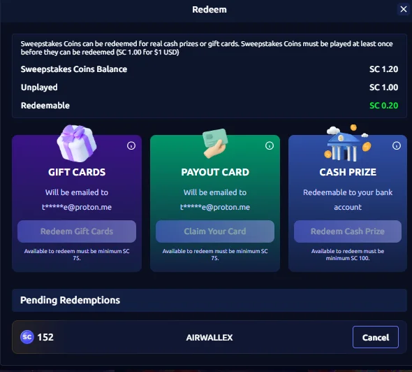 LuckyStake Redemption Screen UI Showing 75 SC Gift Card and 100 SC Cash Prize Tiers
